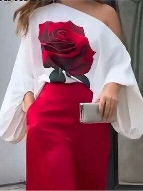 SHEIN White Off-Shoulder Blouse with Red Rose Print